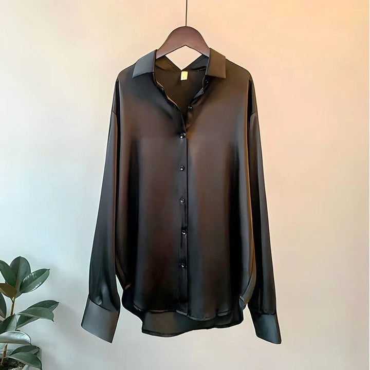 Teagan | Women's Silk Long-Sleeve Blouse, Button-Up Satin Shirt | The Shrader Sisters | Black