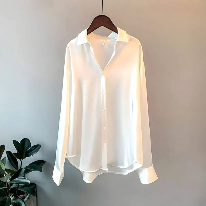 Teagan | Women's Silk Long-Sleeve Blouse, Button-Up Satin Shirt | The Shrader Sisters | White