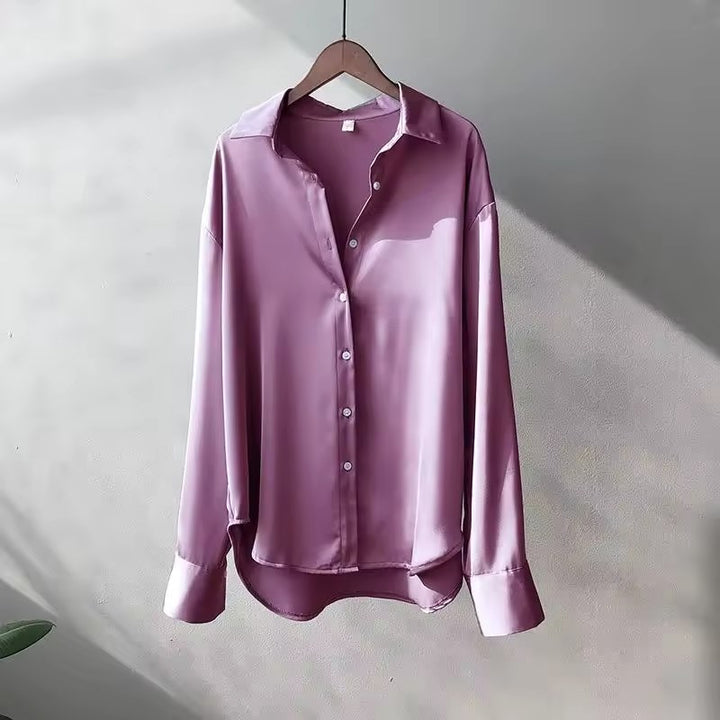 Teagan | Women's Silk Long-Sleeve Blouse, Button-Up Satin Shirt | The Shrader Sisters | Purple