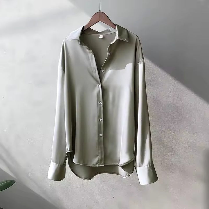 Teagan | Women's Silk Long-Sleeve Blouse, Button-Up Satin Shirt | The Shrader Sisters | Gray