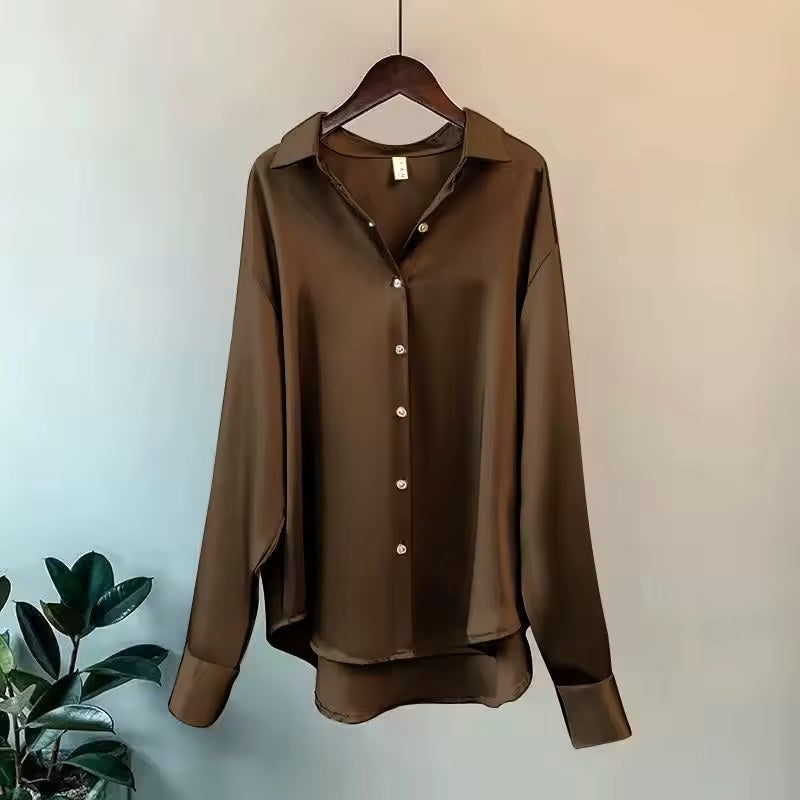 Teagan | Women's Silk Long-Sleeve Blouse, Button-Up Satin Shirt | The Shrader Sisters | Brown