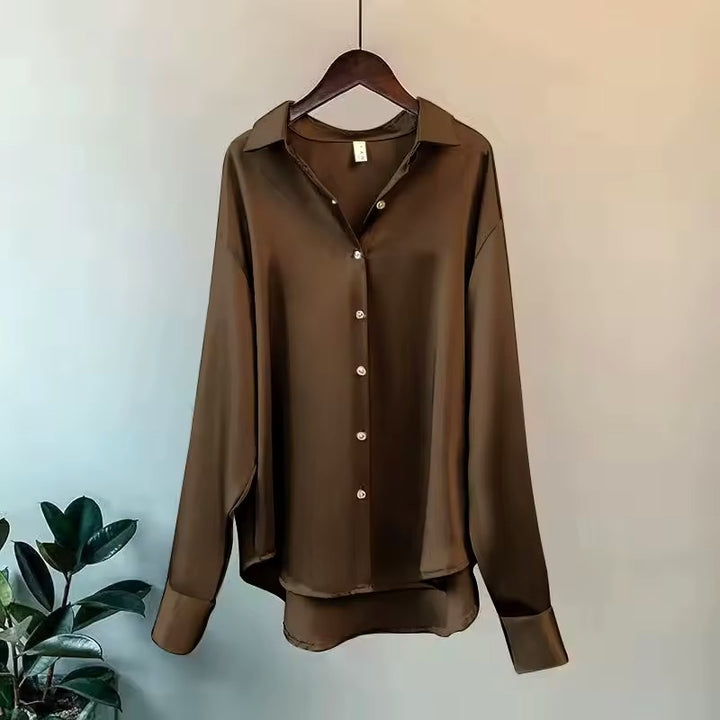 Teagan | Women's Silk Long-Sleeve Blouse, Button-Up Satin Shirt | The Shrader Sisters | Brown