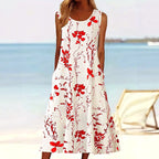Tegan | Women's Sleeveless A-Line Midi Dress, Floral Print Midi Dress | The Shrader Sisters | Rood