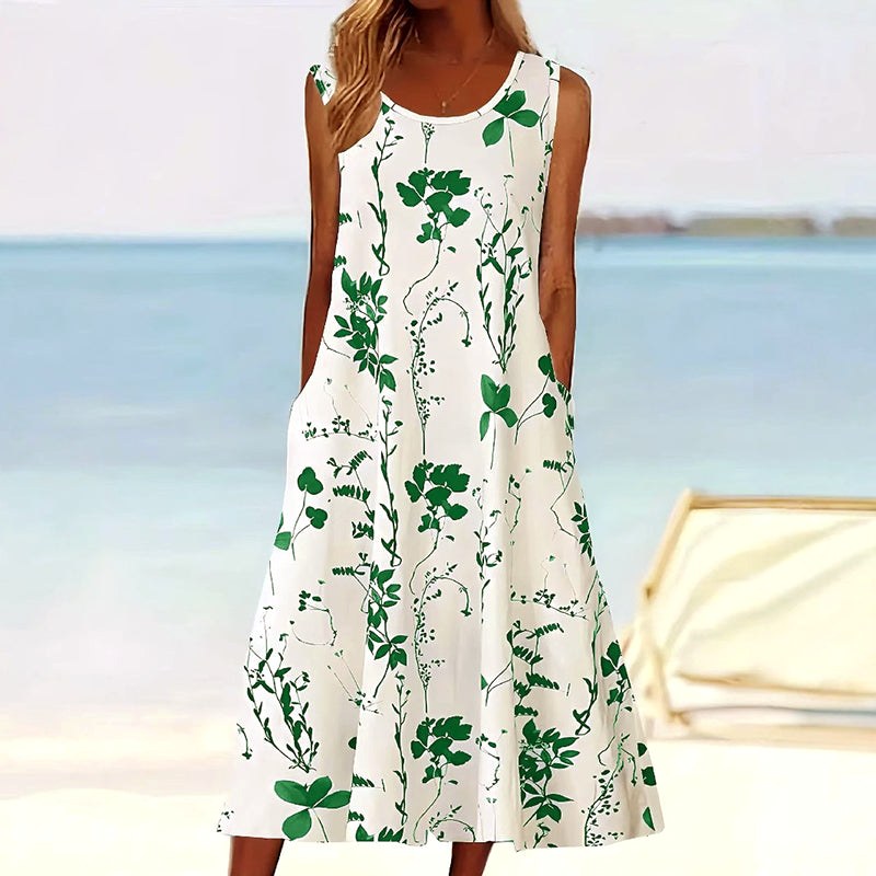 Tegan | Women's Sleeveless A-Line Midi Dress, Floral Print Midi Dress | The Shrader Sisters | Groen