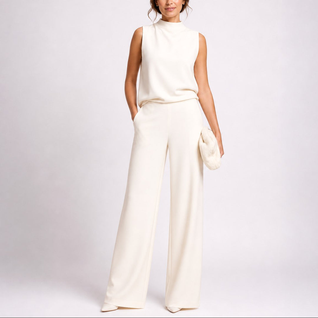 Tegan | Women's Sleeveless Jumpsuit with High Neckline, Wide-Leg Jumpsuit | The Shrader Sisters | White