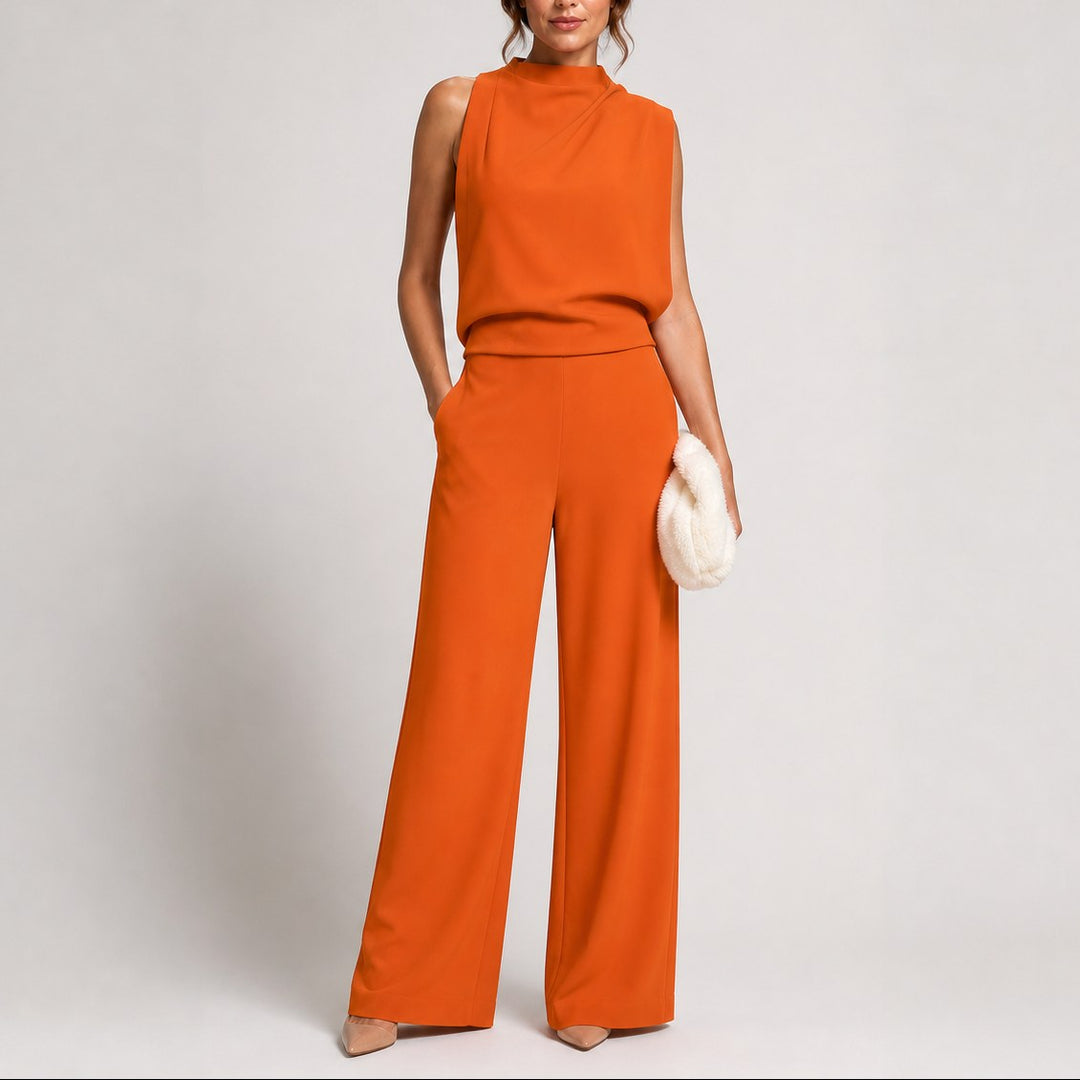 Tegan | Women's Sleeveless Jumpsuit with High Neckline, Wide-Leg Jumpsuit | The Shrader Sisters | Orange
