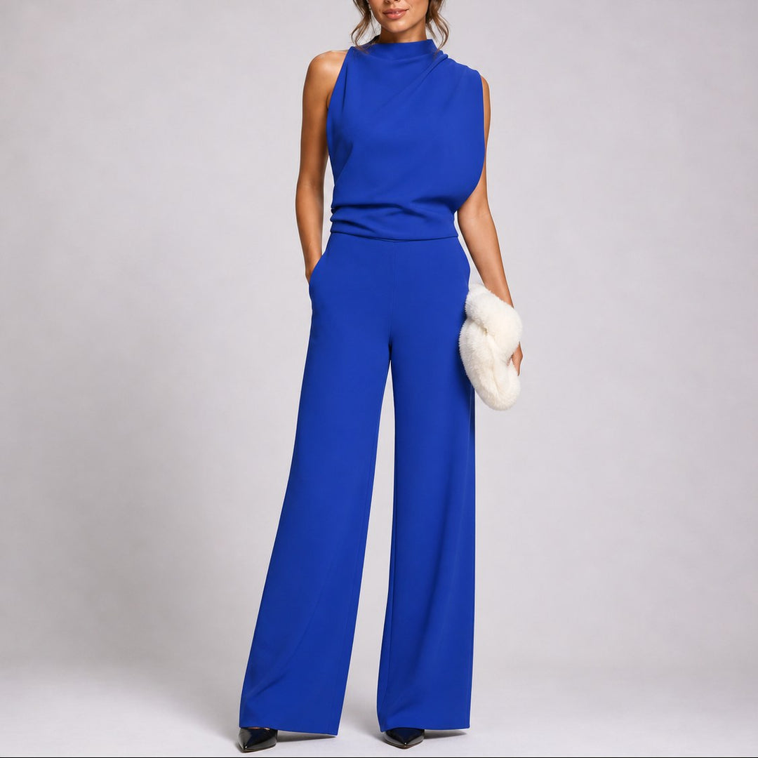 Tegan | Women's Sleeveless Jumpsuit with High Neckline, Wide-Leg Jumpsuit | The Shrader Sisters | Blue