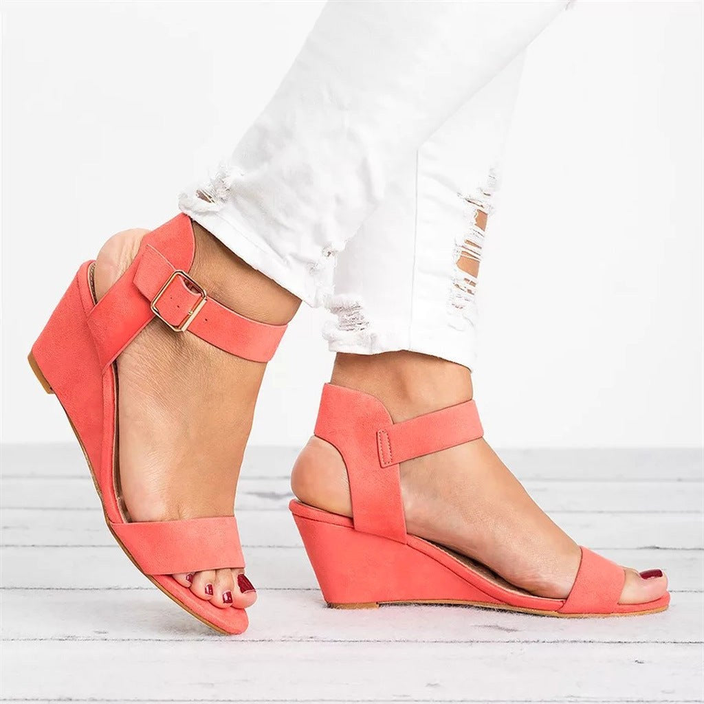 Tessa | Women's Wedge Ankle Strap Sandals - Light Red