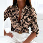 Tiffany | Women's Collared Printed Blouse, Classic Button-Up Top | The Shrader Sisters | Yellow Labyrinth