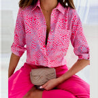 Tiffany | Women's Collared Printed Blouse, Classic Button-Up Top | The Shrader Sisters | Orange Rose Red