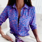 Tiffany | Women's Collared Printed Blouse, Classic Button-Up Top | The Shrader Sisters | Purple red letters