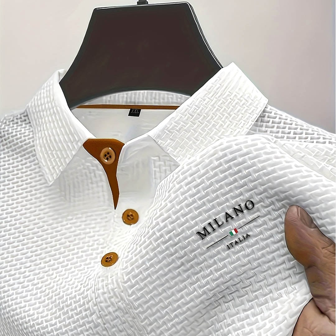 Toby | Men's Textured Polo Shirt, Woven Structured Shirt | The Shrader Sisters | Light Blue