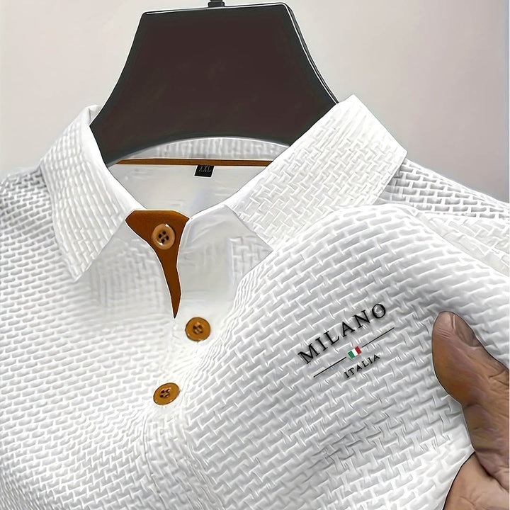 Toby | Men's Textured Polo Shirt, Woven Structured Shirt | The Shrader Sisters | Light Blue