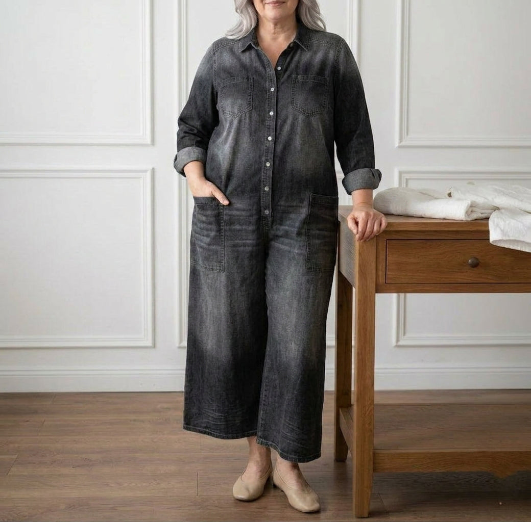 Diana | Vintage Washed Soft Cotton Denim Jumpsuit with Button Closure