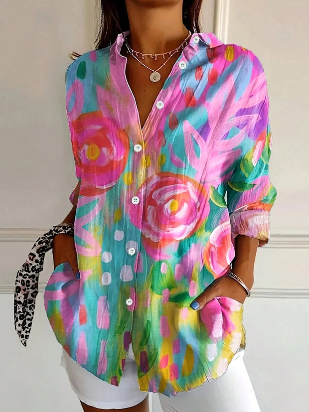 Zali | Women's Floral Button-Down Blouse, Long-Sleeve Printed Top | The Shrader Sisters | Pink