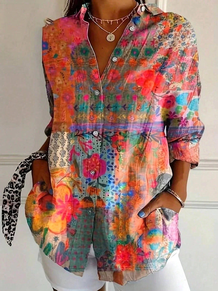 Zali | Women's Floral Button-Down Blouse, Long-Sleeve Printed Top | The Shrader Sisters | Orange