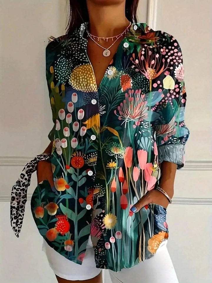 Zali | Women's Floral Button-Down Blouse, Long-Sleeve Printed Top | The Shrader Sisters | Green