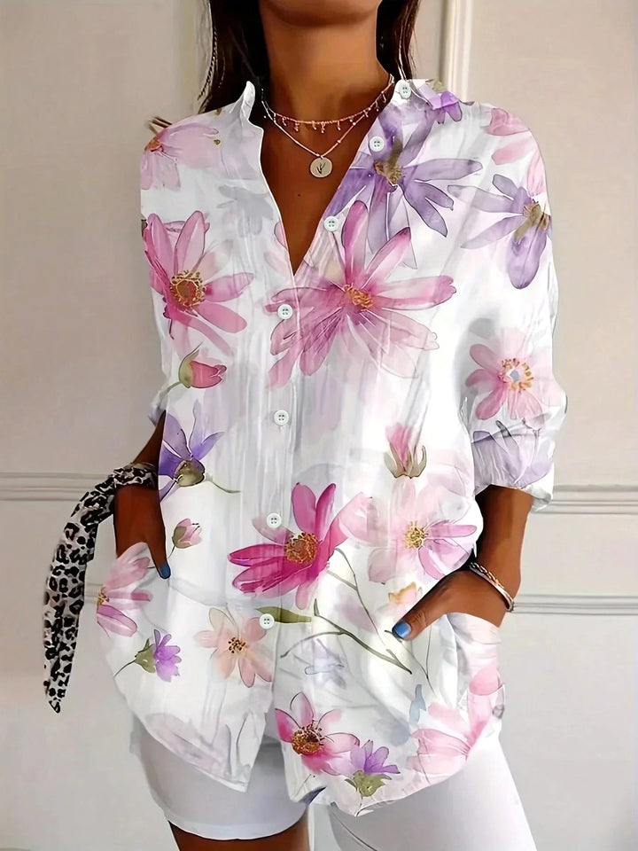 Zali | Women's Floral Button-Down Blouse, Long-Sleeve Printed Top | The Shrader Sisters | White