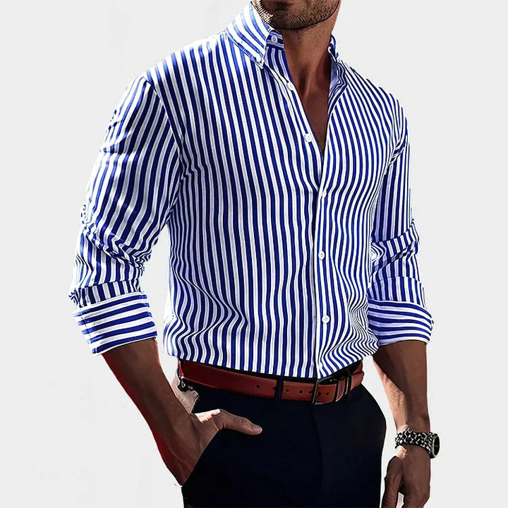 Zane | Men's Striped Cotton Button Shirt, Classic Dress Shirt | The Shrader Sisters | Blue