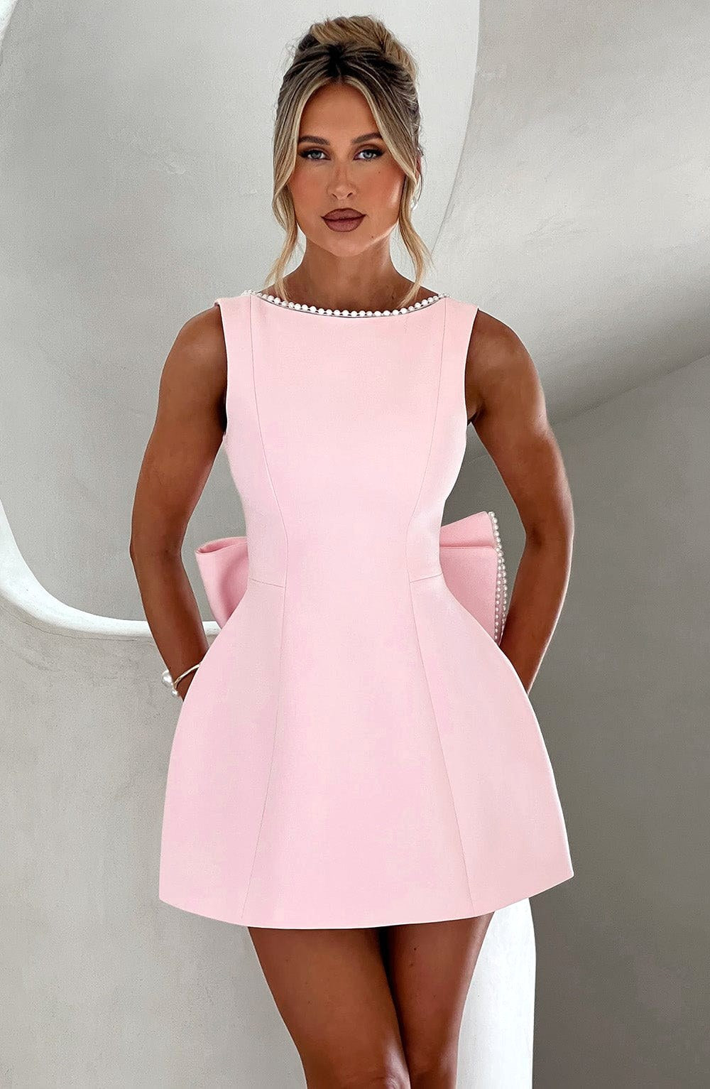 Zara | Women's A-Line Mini Dress with Pearl Trim, Wedding Guest Dress | The Shrader Sisters | Pink
