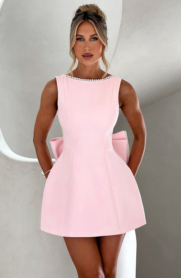 Zara | Women's A-Line Mini Dress with Pearl Trim, Wedding Guest Dress | The Shrader Sisters | Pink