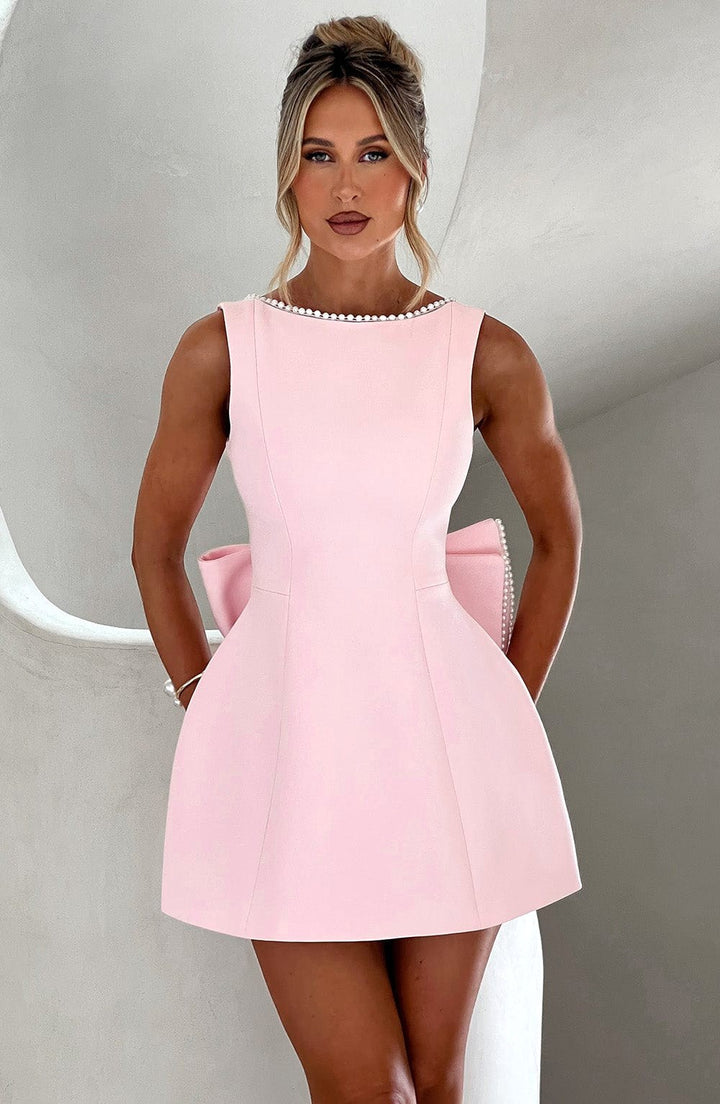Zara | Women's A-Line Mini Dress with Pearl Trim, Wedding Guest Dress | The Shrader Sisters | Pink