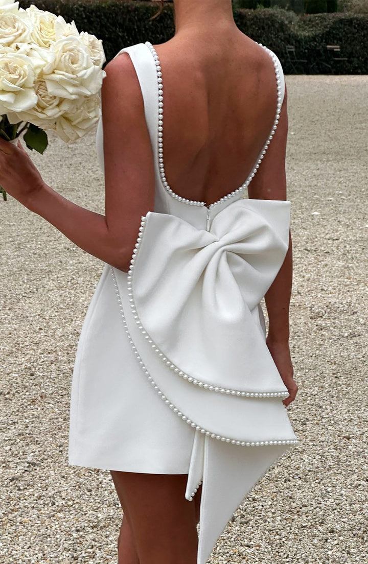Zara | Women's A-Line Mini Dress with Pearl Trim, Wedding Guest Dress | The Shrader Sisters