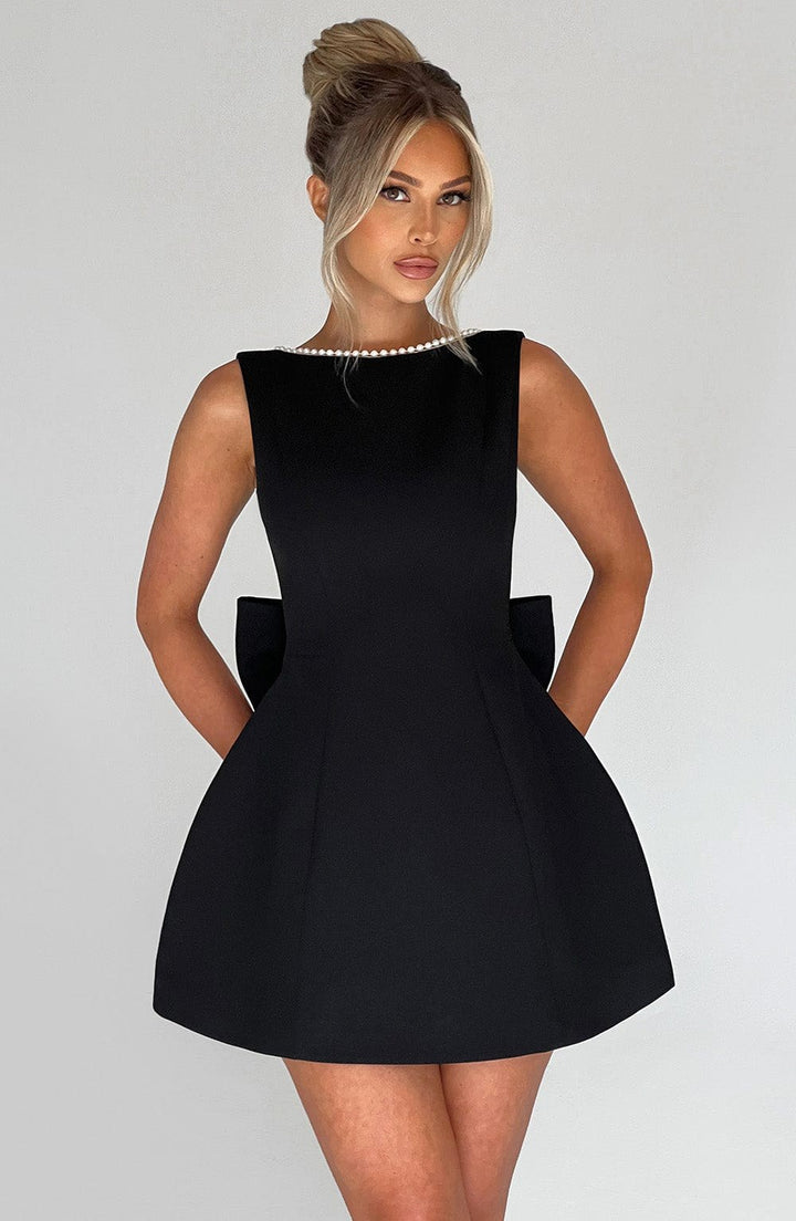 Zara | Women's A-Line Mini Dress with Pearl Trim, Wedding Guest Dress | The Shrader Sisters