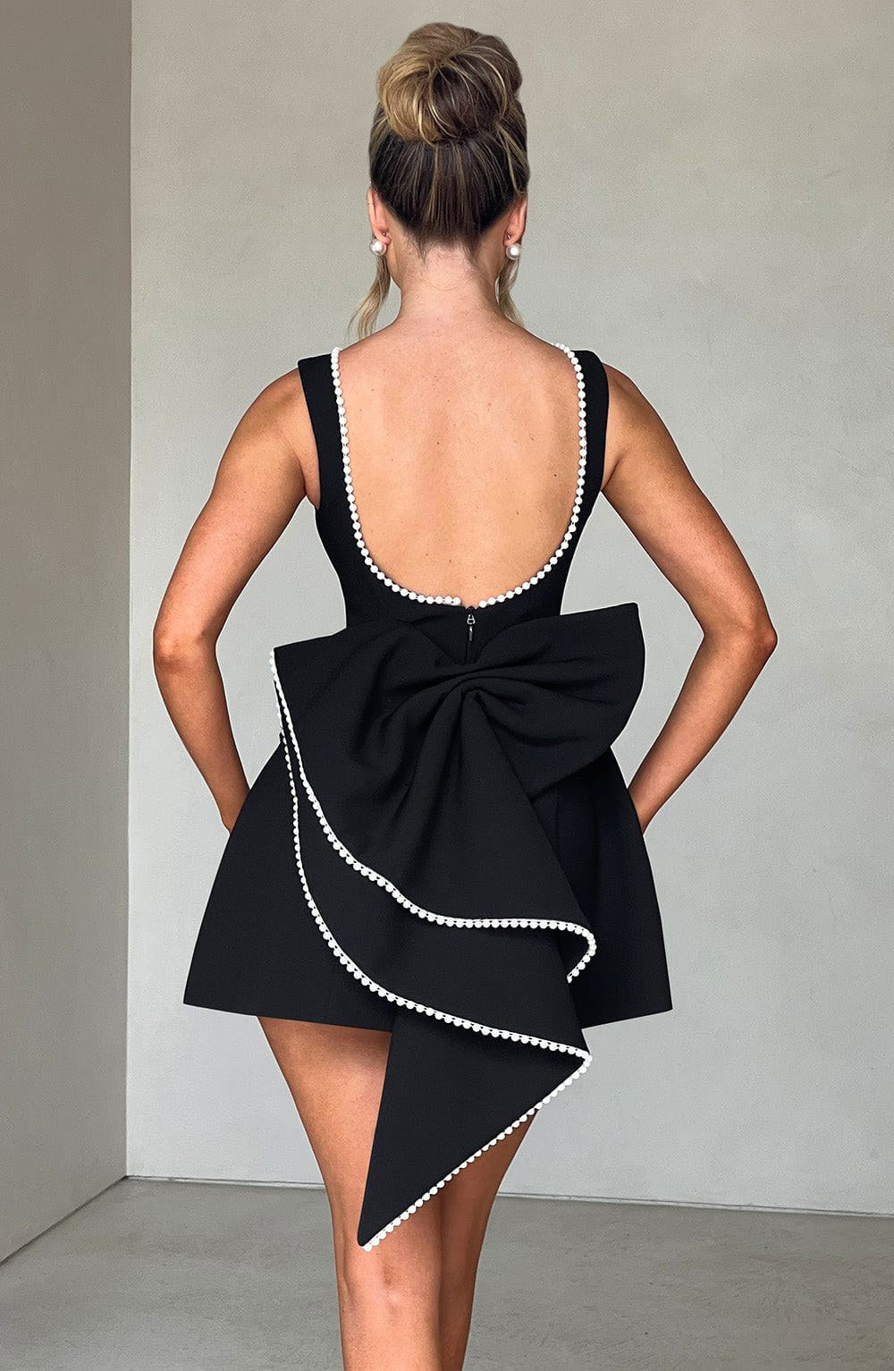 Zara | Women's A-Line Mini Dress with Pearl Trim, Wedding Guest Dress | The Shrader Sisters