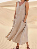 Zoe | Women's Linen Sleeveless Midi Dress, Flattering Summer Dress for Holidays and Everyday Wear, Flattering Summer Dress for Holidays and Everyday Wear - Khaki