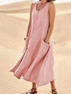 Zoe | Women's Linen Sleeveless Midi Dress, Flattering Summer Dress for Holidays and Everyday Wear, Flattering Summer Dress for Holidays and Everyday Wear - Pink