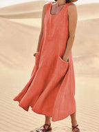 Zoe | Women's Linen Sleeveless Midi Dress, Flattering Summer Dress for Holidays and Everyday Wear, Flattering Summer Dress for Holidays and Everyday Wear - Orange