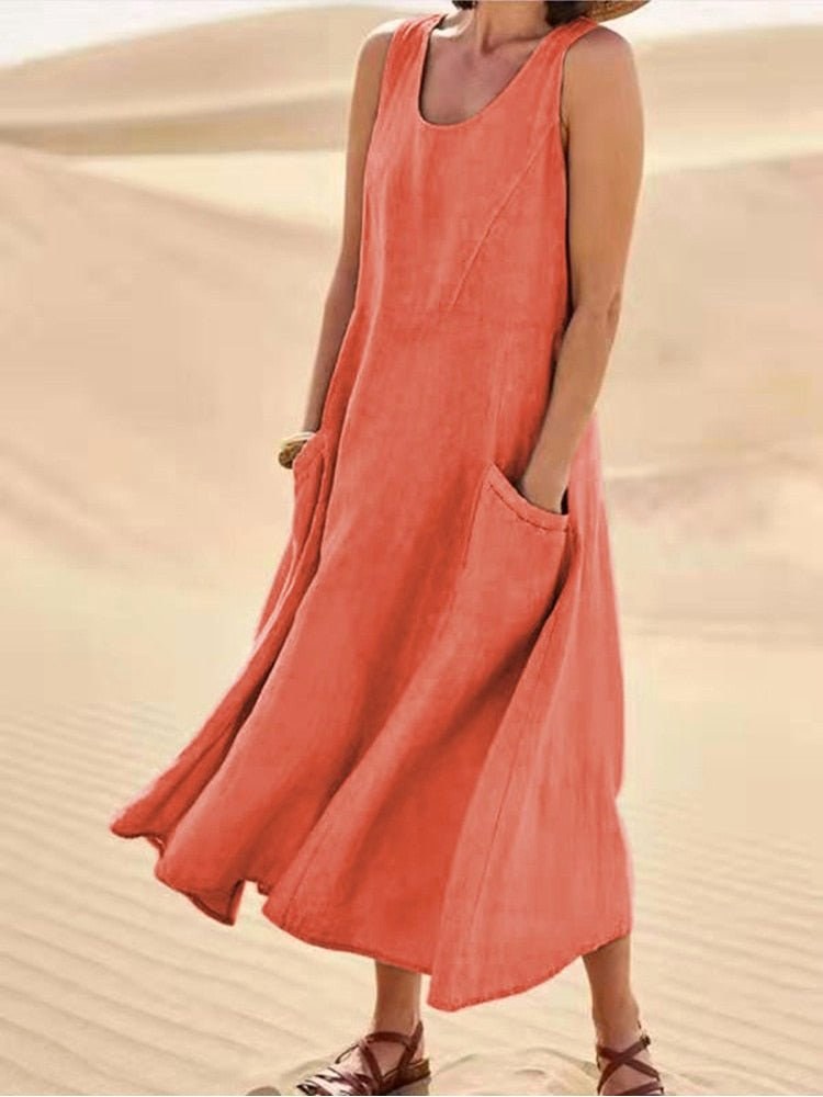 Zoe | Women's Linen Sleeveless Midi Dress, Flattering Summer Dress for Holidays and Everyday Wear, Flattering Summer Dress for Holidays and Everyday Wear - Orange