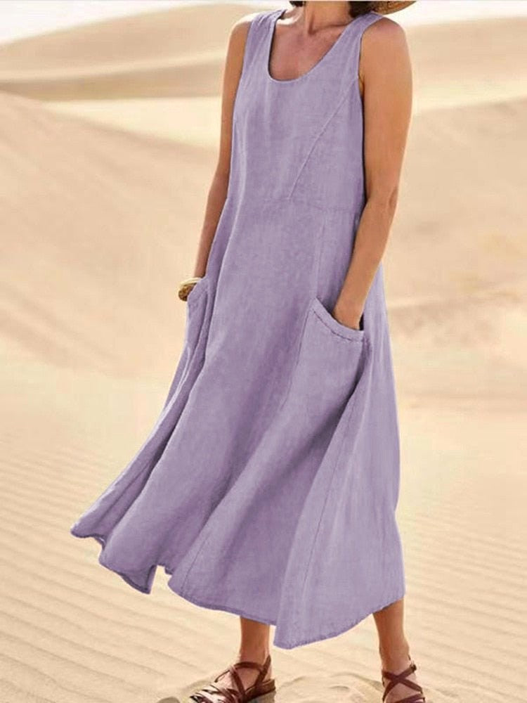 Zoe | Women's Linen Sleeveless Midi Dress, Flattering Summer Dress for Holidays and Everyday Wear, Flattering Summer Dress for Holidays and Everyday Wear - Light Purple