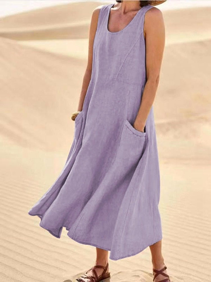 Zoe | Women's Linen Sleeveless Midi Dress - Light Purple