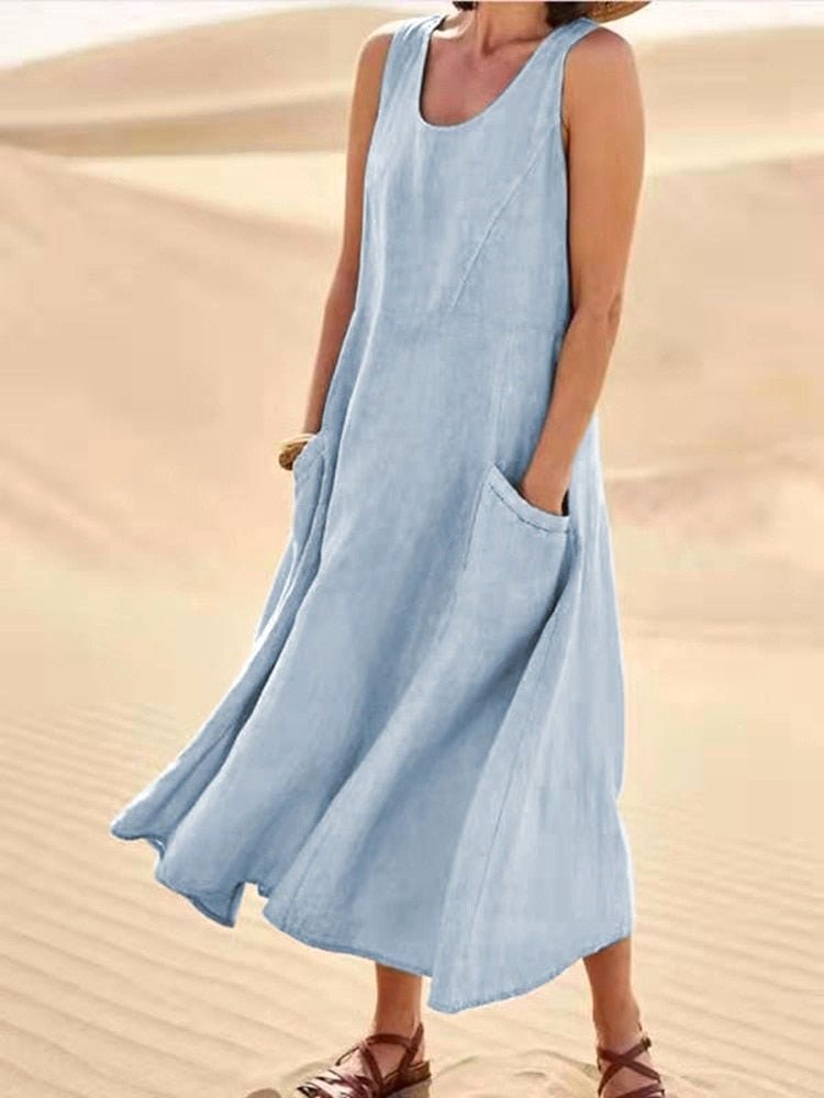 Zoe | Women's Linen Sleeveless Midi Dress, Flattering Summer Dress for Holidays and Everyday Wear, Flattering Summer Dress for Holidays and Everyday Wear - Light Blue