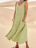 Zoe | Women's Linen Sleeveless Midi Dress, Flattering Summer Dress for Holidays and Everyday Wear, Flattering Summer Dress for Holidays and Everyday Wear - Light Olive Green